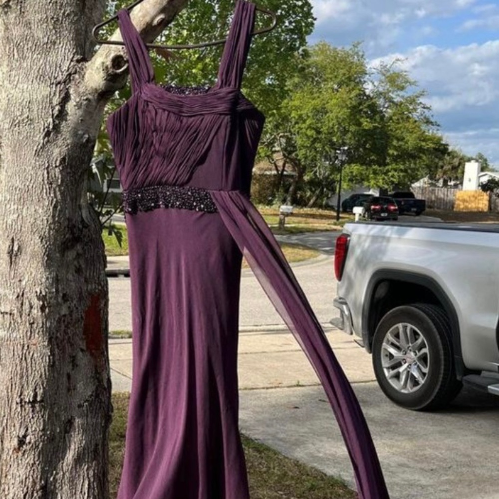 Beautiful full length purple dress with sequins and accented top.